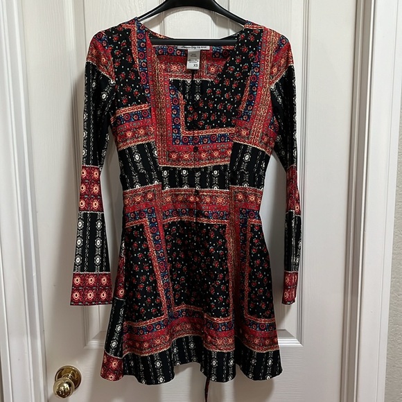 American Rag Boho Mini Dress Patchwork Bell Sleeve Scarf Tunic Flare Bandana XS - Picture 1 of 9